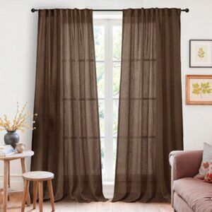 SET OF 4 Dark Brown Linen Blend Curtain Panels 52 x 84 Rod Pocket Light Filtered